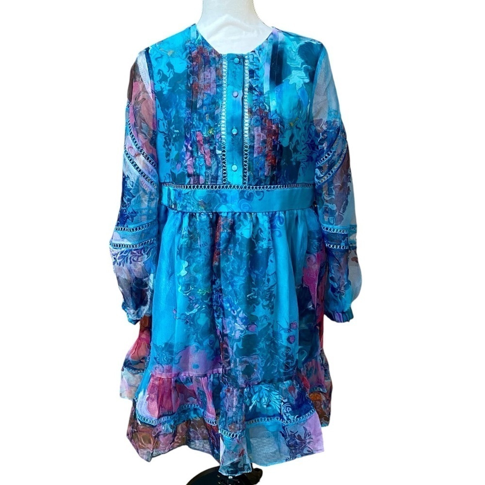 Cynthia Rowley Watercolor Hourglass Dress S Turquoise Organza Lace Mini Dress - Picture 4 of 16